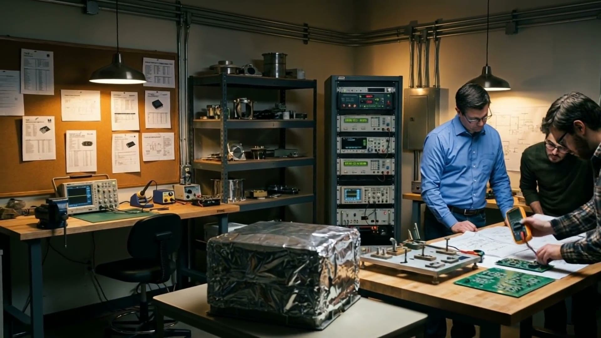Engineers at a lab bench, working over circuit boards and test equipment.