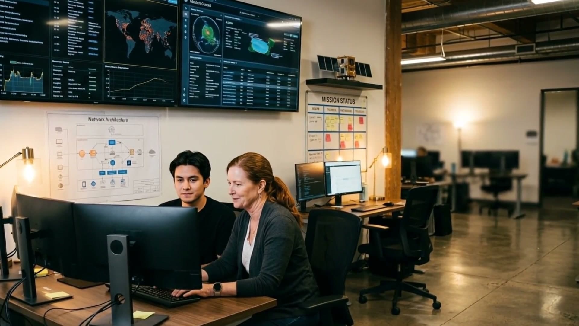 Two engineers at a workstation in an operations room, mission data on the screens behind them.